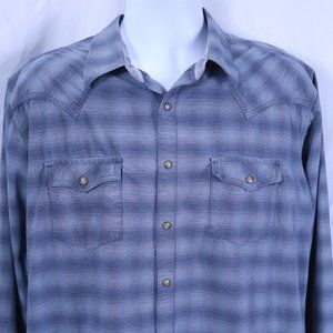 Wrangler Retro Men's Western Pearl Snap Long Sleeve Blue Plaid Shirt Large